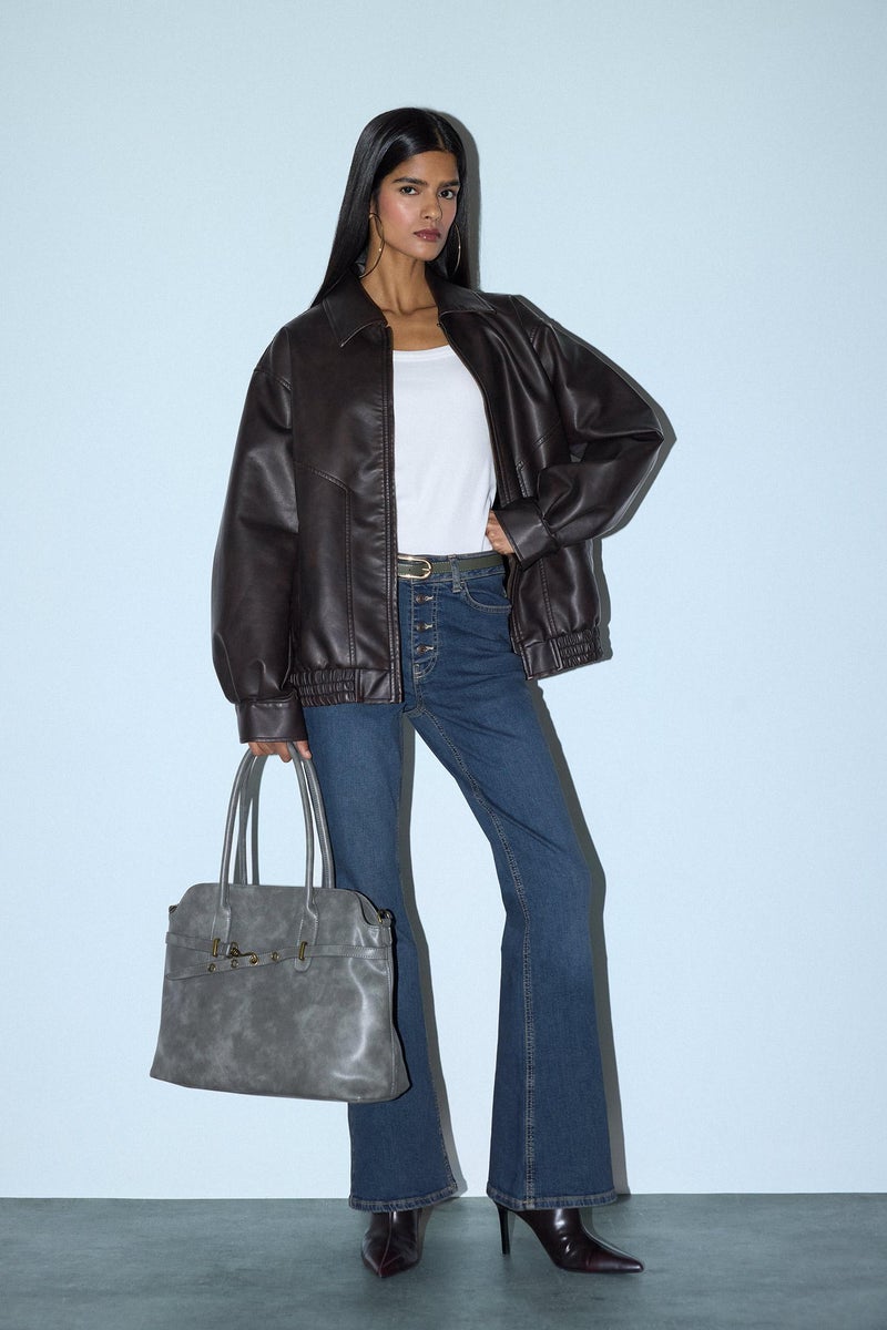 DeFacto Brown Woman Dad Fit Faux Leather Jacket Casual - Image 3